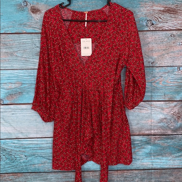 Free People NWT Clara Front Tie Tunic Dress Red - Picture 2 of 7